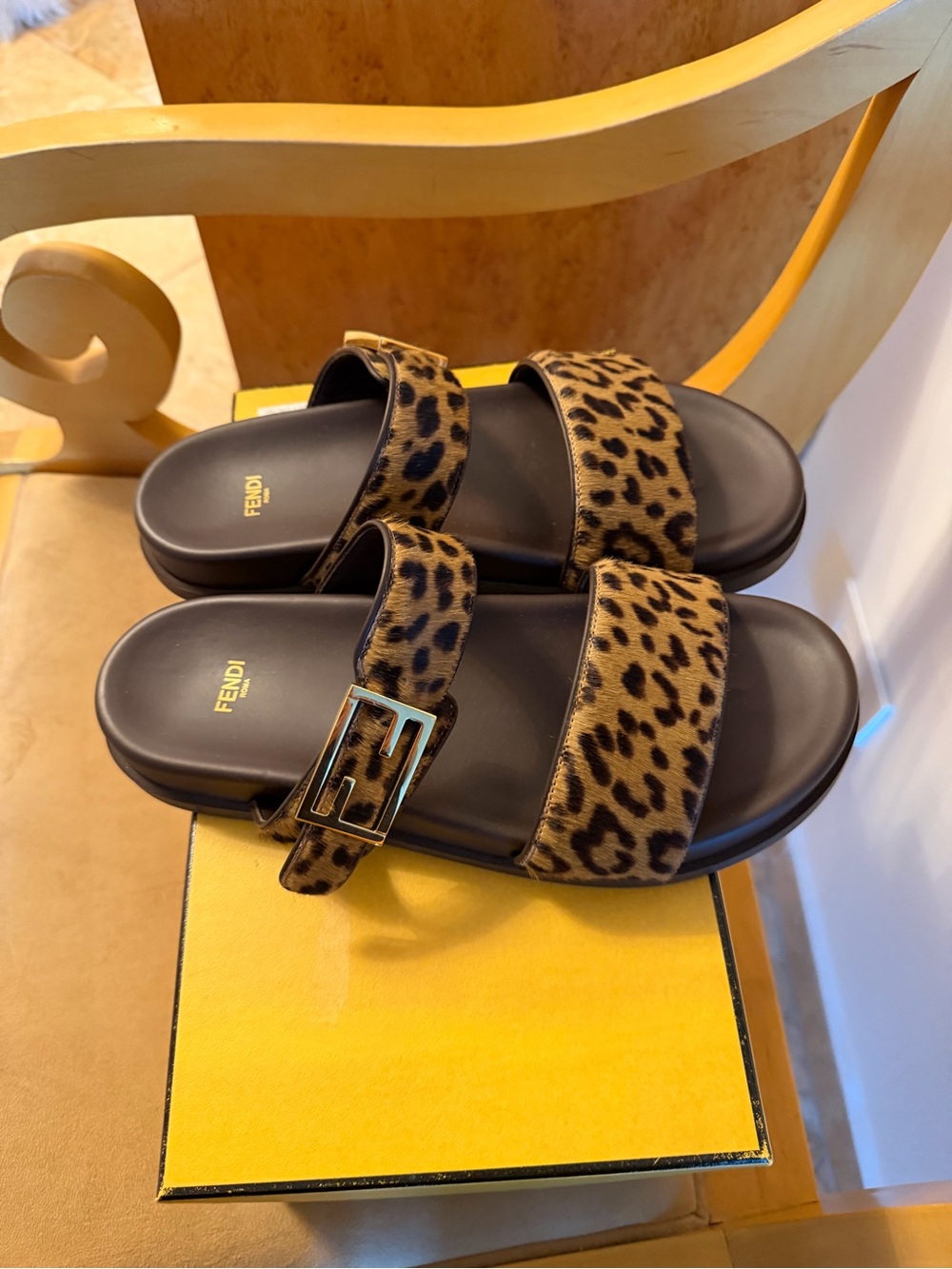 Fendi Leopard-Print Two-Strap Slide Sandals - Black & Brown